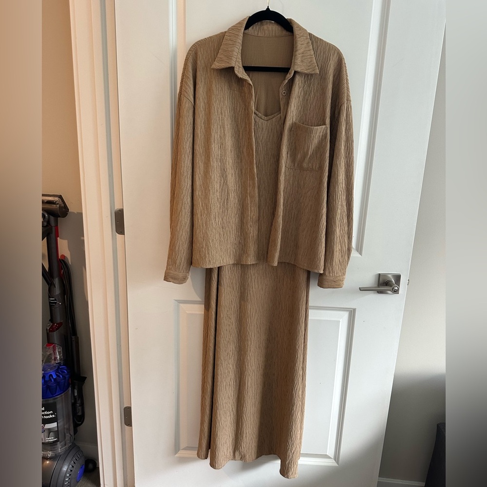 SHEIN Tan Textured Maxi Dress with Button-Up Shirt